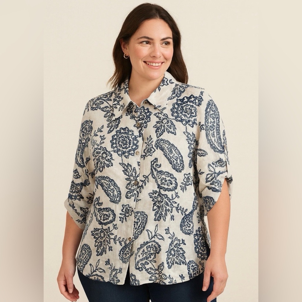 Charter Club Weekend Linen Shirt L Metallic Floral‎ Paisley Casual Button Down